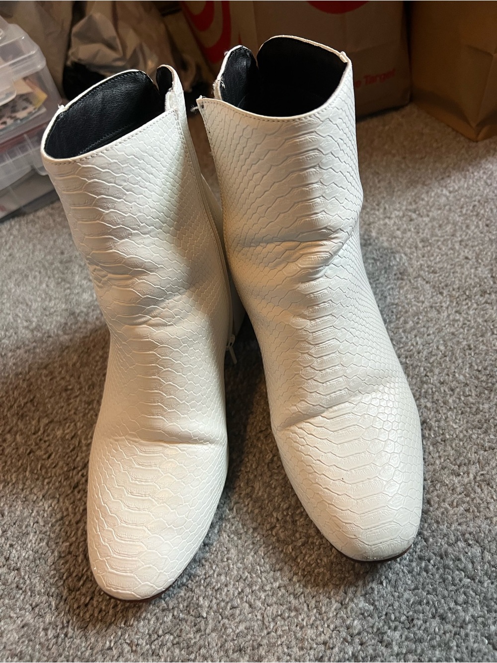 Amazon White Textured Ankle Booties with Block Heel - Picture 2 of 5